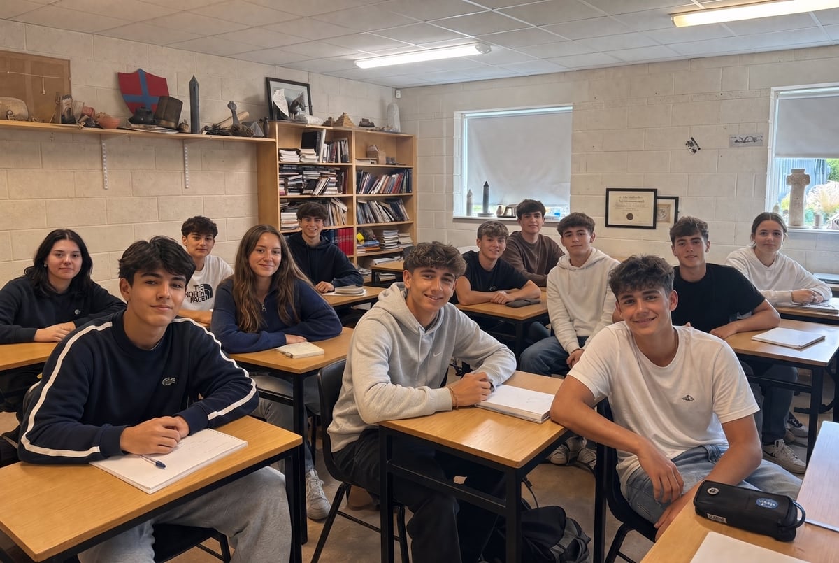 A diverse group of students sitting at desks in a classroom, attentively studying during a lesson