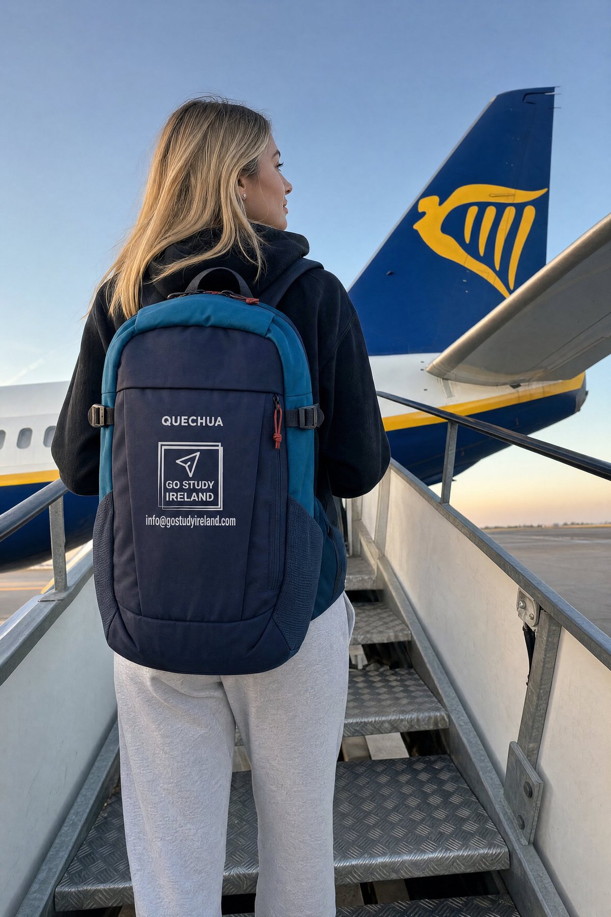A student with a backpack boarding a plane to begin a study abroad journey