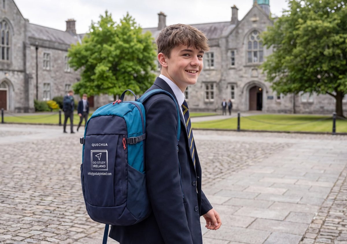 Young student wearing school uniform and blue backpack smiling at historic stone school building